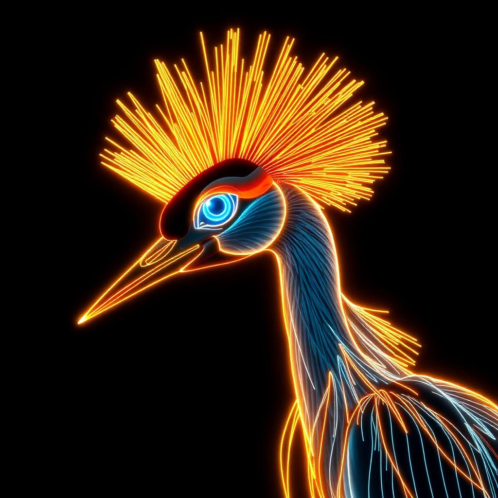 Neon holographic illustration of a Grey Crowned Crane