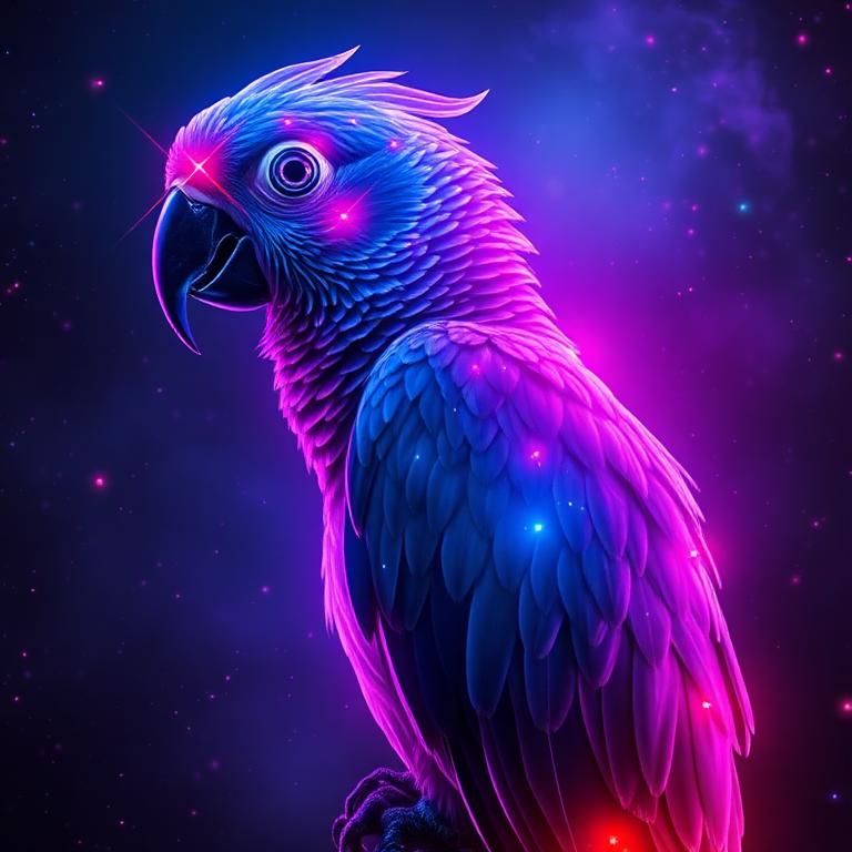 Neon holographic illustration of a African Grey Parrot