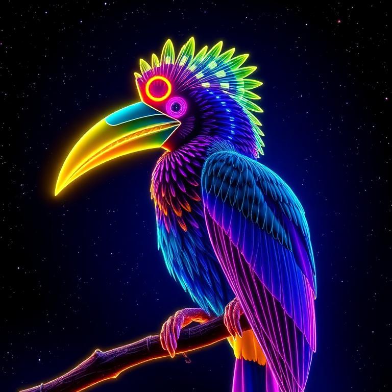 Neon holographic illustration of a Southern Yellow-billed Hornbill