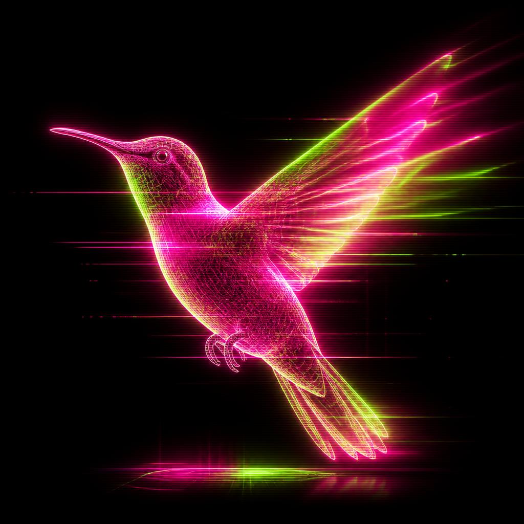Neon holographic illustration of a Ruby-throated Hummingbird