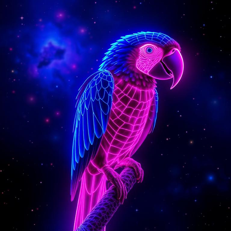 Neon holographic illustration of a Hyacinth Macaw