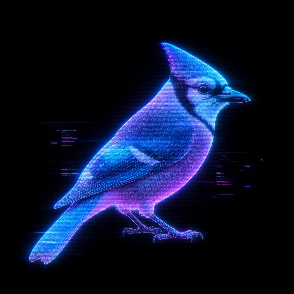 Neon holographic illustration of a Blue Jay
