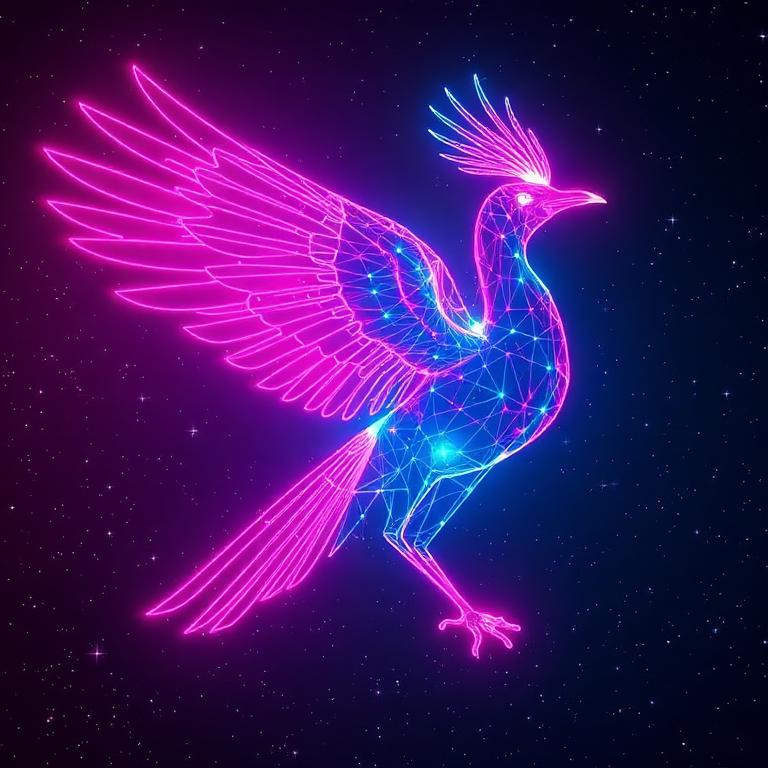 Neon holographic illustration of a Superb Lyrebird