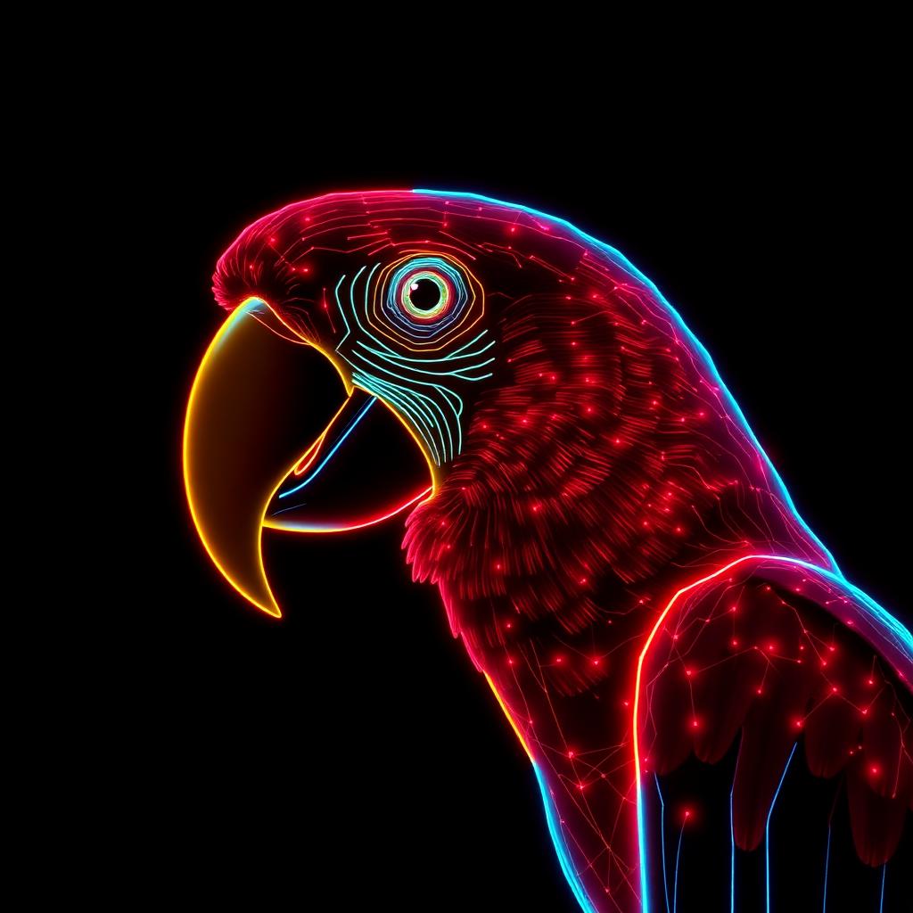 Neon holographic illustration of a Scarlet Macaw