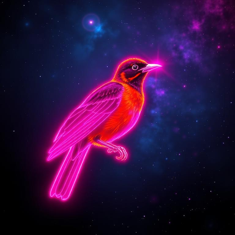 Neon holographic illustration of a Baltimore Oriole
