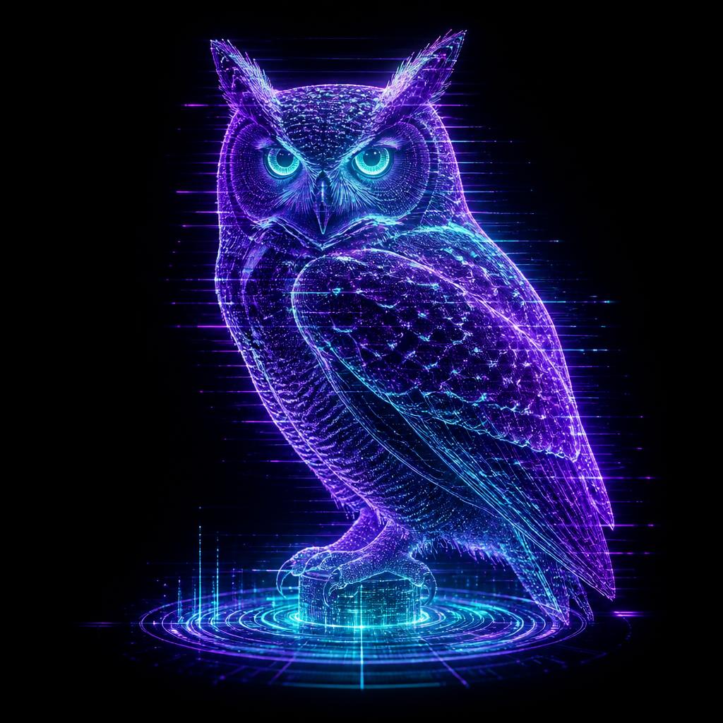 Neon holographic illustration of a Great Horned Owl