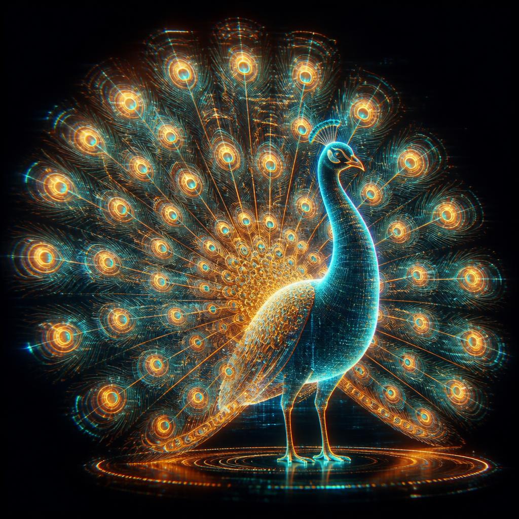 Neon holographic illustration of a Indian Peafowl