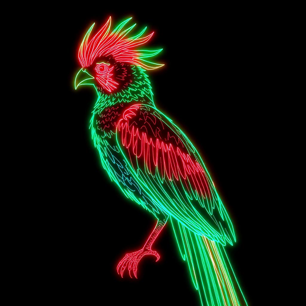 Neon holographic illustration of a Resplendent Quetzal