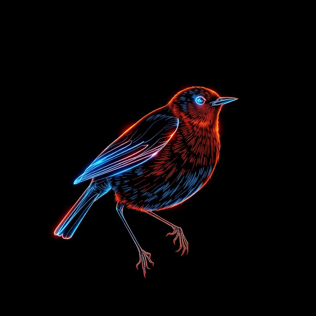 Neon holographic illustration of a European Robin