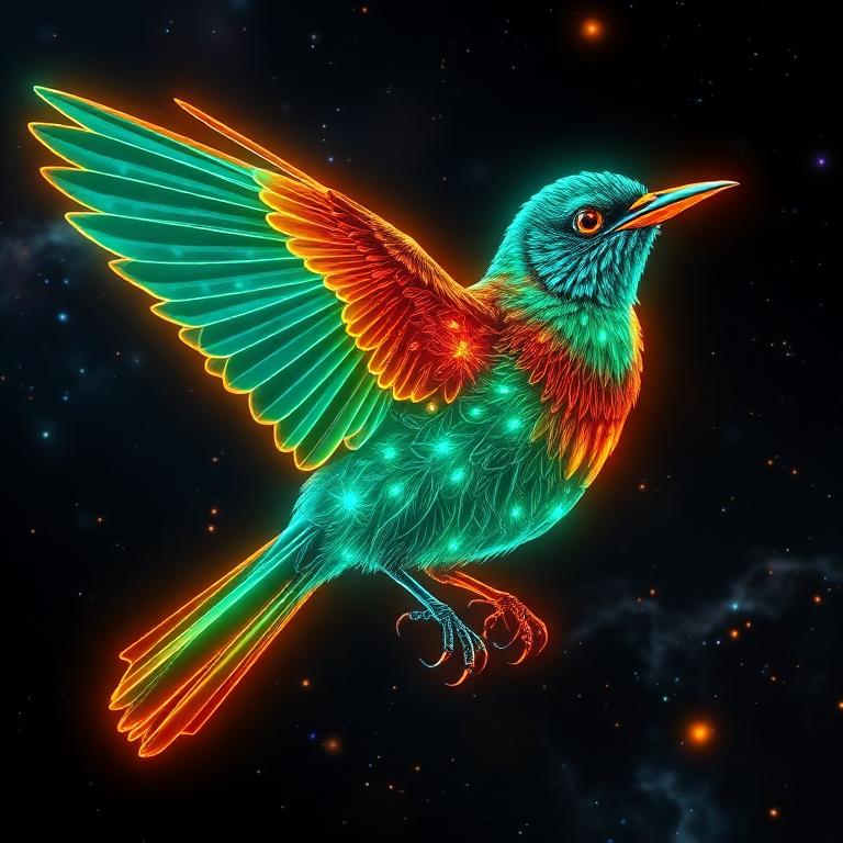 Neon holographic illustration of a Superb Starling