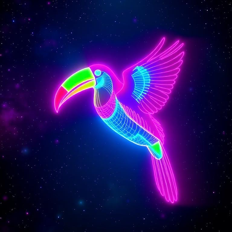 Neon holographic illustration of a Keel-billed Toucan